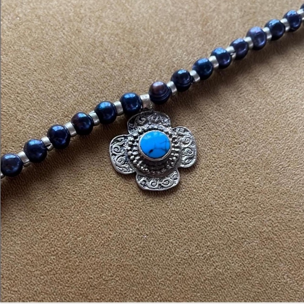 Pearl Necklace with Vintage Turquoise Pendant
